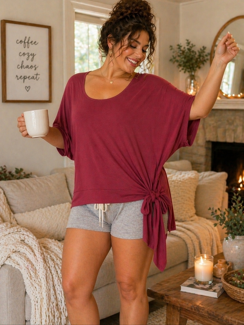 Reitmans Berry Red Batwing Tie Bottom Top Size XL Flowy Tunic